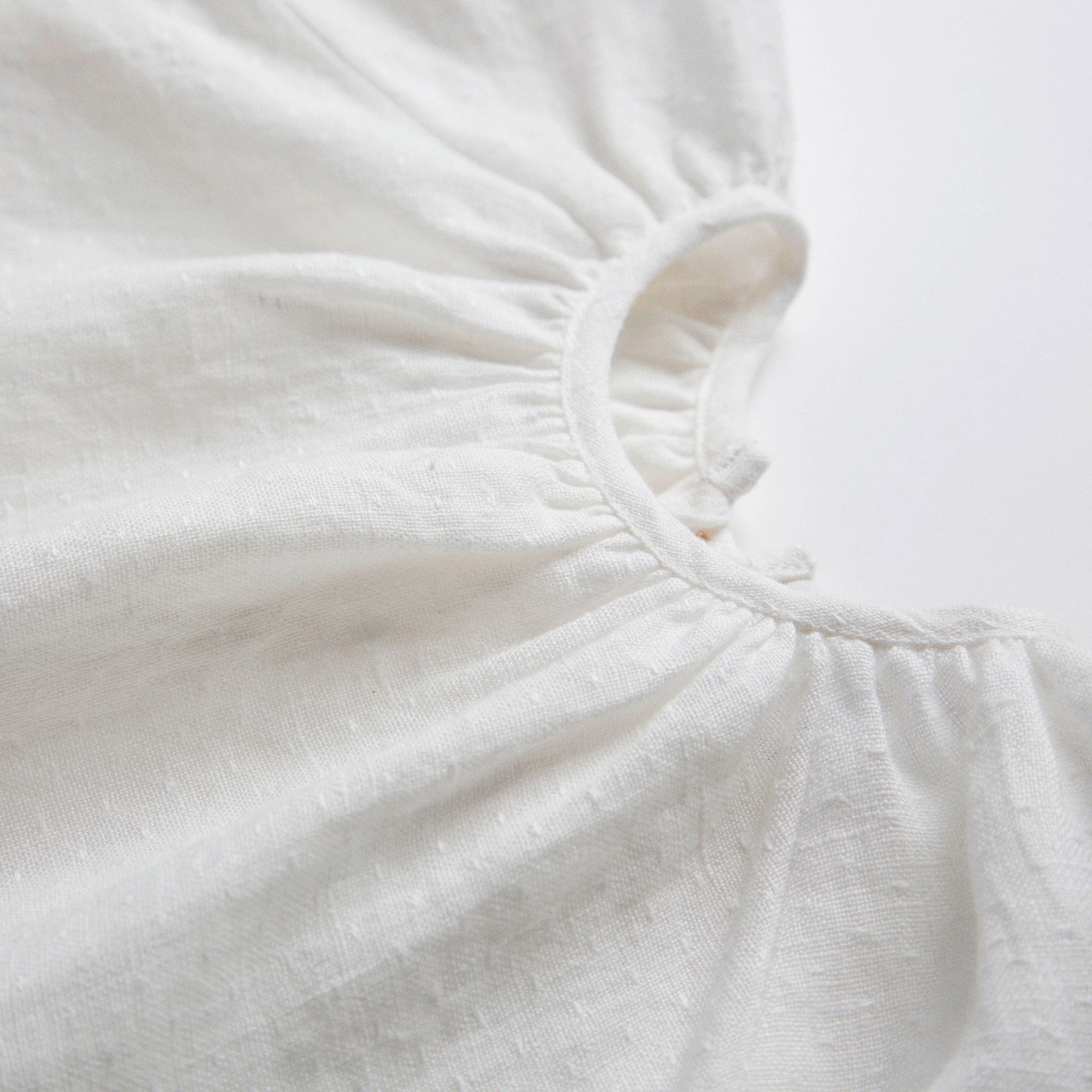 Loose fit, raglan sleeve peasant blouse, with puffed, full length sleeves, elasticated cuffs and mother of pearl button at the back of the neck. Neck line is gathered, to create an oversized style and comfortable fit. Made from textured milk polka dot linen.